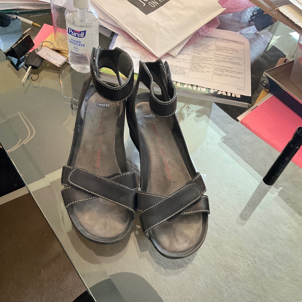 Wolky Heel Sandals Black Leather Size 8